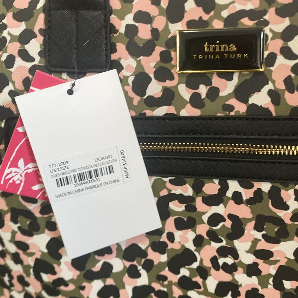 Trina Turk Pink Black Green Leopard-Print Tote - Picture 2 of 6